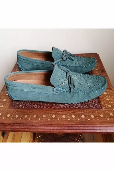 Unisex Echtleder Wildleder Grün Handgestrickt Einfarbig Kombination Schräglage Spitze Ziergummi Drucksohle Loafer