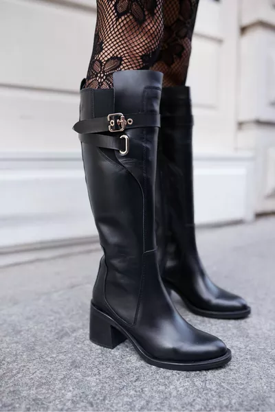 BARELLA WOMEN'S BLACK REAL LEATHER RUBBER DETAILED BOOTS