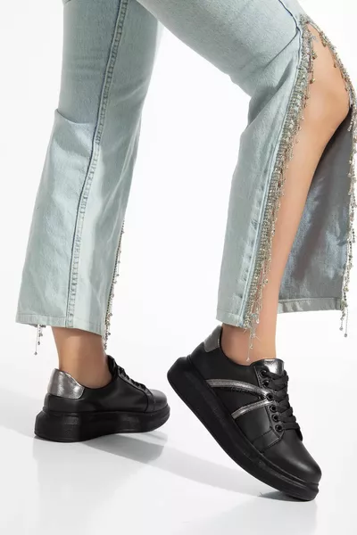 Skin Glossy Stripe Balloon Sole Lace-Up Noir Baskets Femme