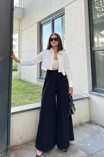 Vita elasticizzata nera, tasche, tessuto speciale spagnolo / gamba larga, pantaloni dalla vestibilità comoda - adatto per hijab