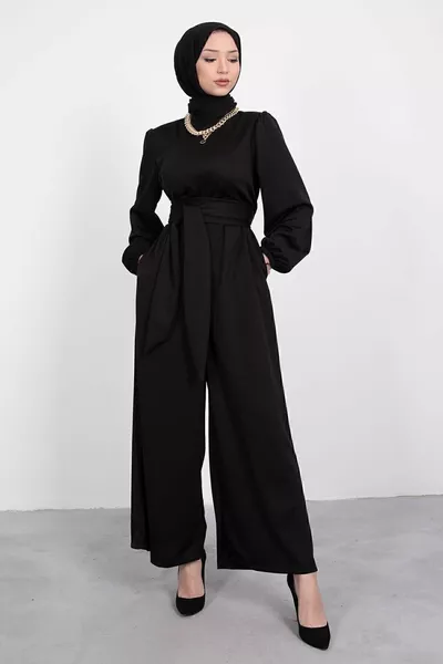 Широкий пояс с запахом хиджаб комбинезон черный