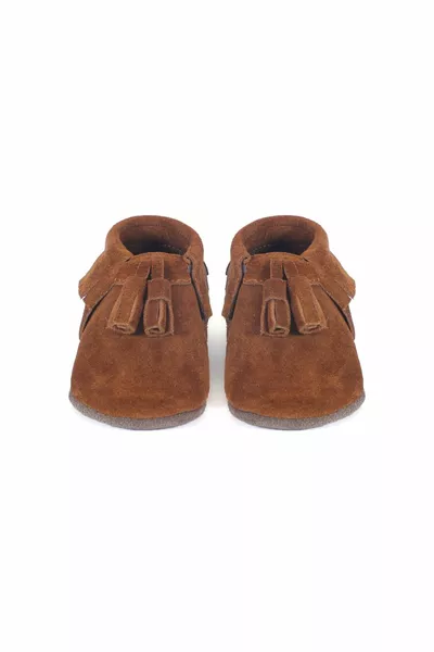 Genuine Leather Tan Suede Pom-Pong Detailed Baby Booties