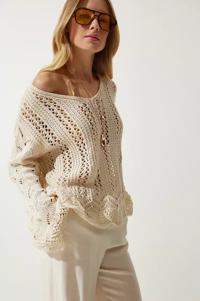 Женский кремовый ажурный сезонный вязаный свитер 