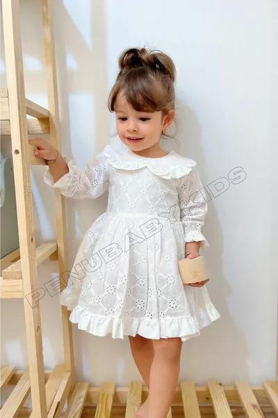 Бяло бебешко деколте с дълъг ръкав рокля за момиченце - ангел