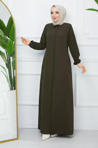 Hijab Clothing Crepe Fabric Abaya Collar Lace-Up Khaki Green