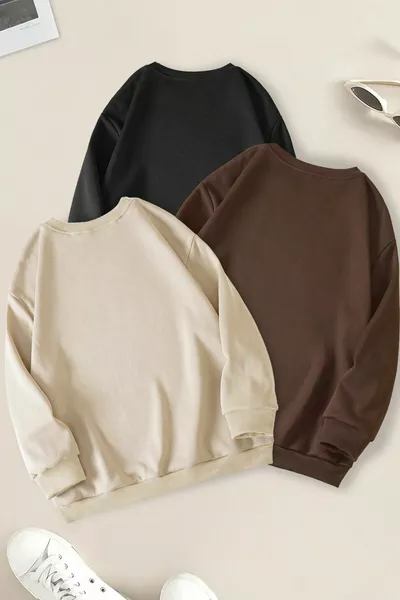 Unisex 3er-Pack Braun Schwarz Beige Oversize-Sweatshirt mit Rundhalsausschnitt