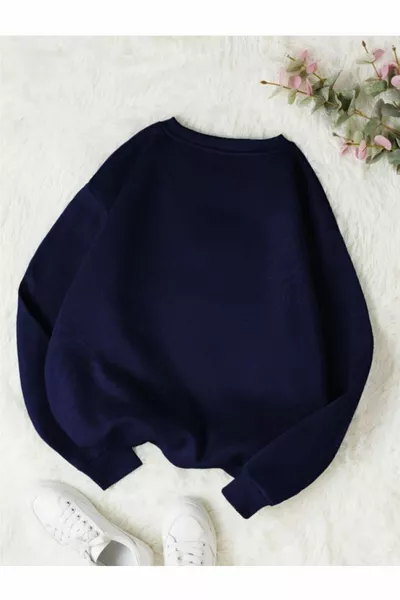 Women's Navy Blue Straight Crew Neck Sweatshirt