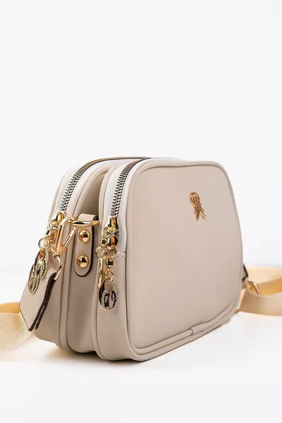 Кремав 3 отделения Buzzy Satin Leather Ежедневна дамска чанта за рамо с регулируема колонна каишка