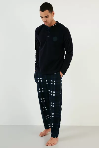 العادية تناسب طاقم الرقبة الشتاء لينة الصوف بيجامة مجموعة بيجامة الرجال 