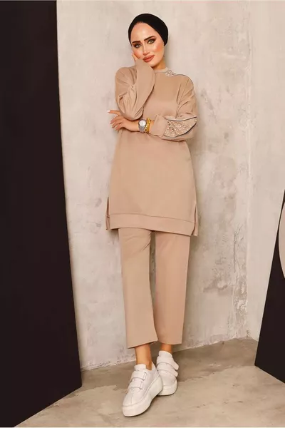 Женские коричневые (CAMEL) Жемчужные брюки Комплект T 