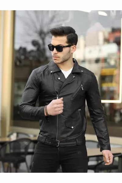 Blouson en cuir noir doublé coupe slim pour homme avec ceinture zippée diagonale