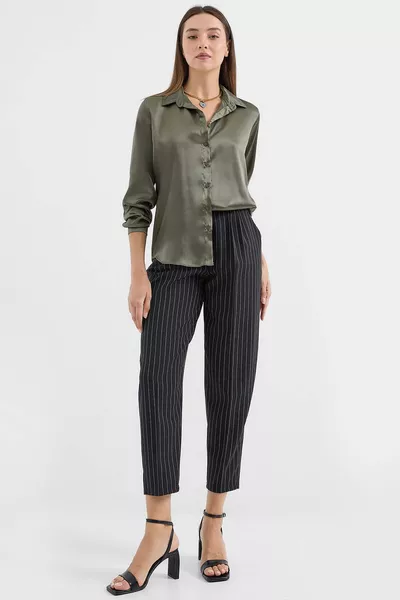  Hafif Dökümlü Saten Gömlek - Haki