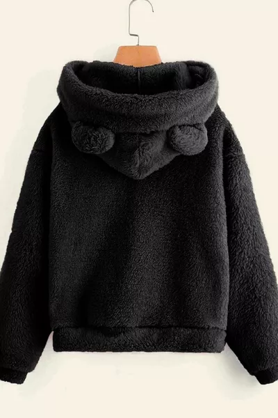 Zwart pluche off-shoulder sweatshirt met teddy-oren en capuchon voor dames