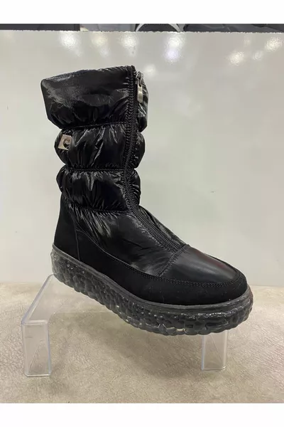 Stivali da neve da donna in pelle verniciata nera con cerniera impermeabile con cerniera