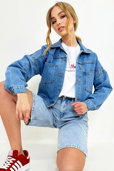 Veste courte en jean bleu pour femme