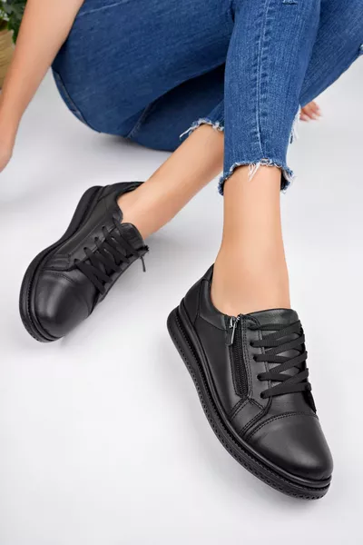 Echt Leer Zwarte Vrouwen Anatomische Lederen Casual Schoenen 