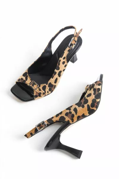 صدف ليوبارد صنادل بكعب مفتوح أحذية نسائية مع أبازيم