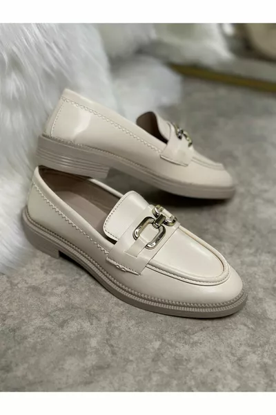 Casual Beige Mocassino Da Donna Classico Tacco Basso Modello Suola Catena Punta Ovale Mocassini 