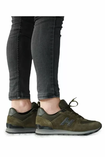 Sneaker Sneakers Casual Unisex In Vera Pelle Verde Kaki