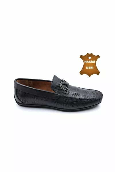 Echtes Leder Herren Schnürsenkellose Schwarze Schnalle Loafer Schuhe