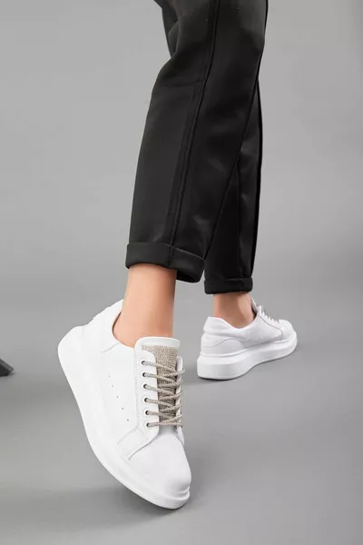 Stone Lace-Up Detailed White Women's Sneakers