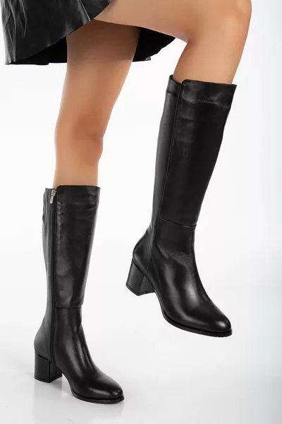 Bottes à talons élégantes en cuir véritable pour femmes - Noir