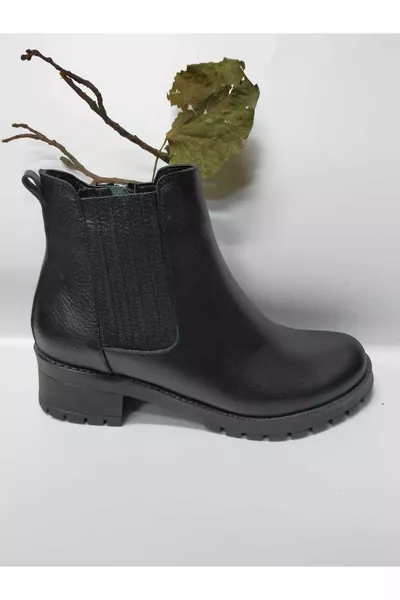 Genuine Leather Women's Boots Black with Side Elasticated Side and Side Zip