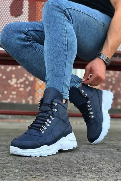 Темно-синие длинные мужские почтовые сапоги на шнуровке