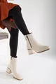 Bottes Femme Beige Fermeture éclair Bout carré Talon épais Fer Détaillé