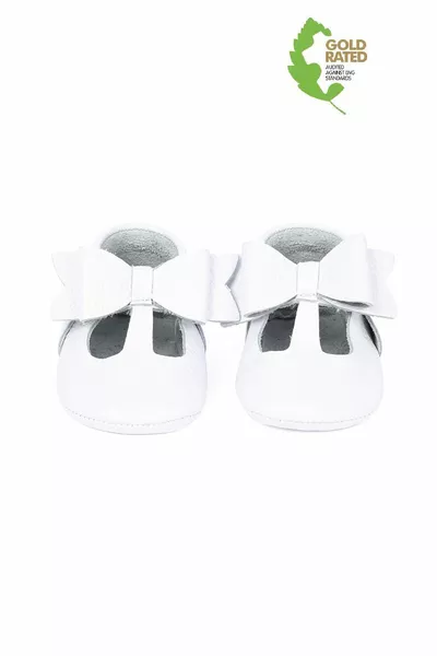 Genuine Leather White Ribbon Detailed Baby Booties