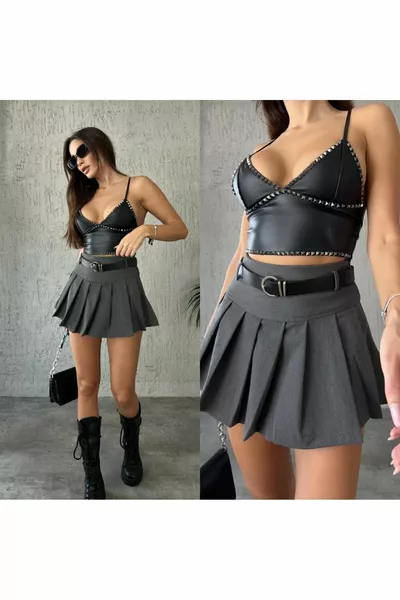 المرأة رمادي غامق حزام مطوي تنورة قصيرة تنورة