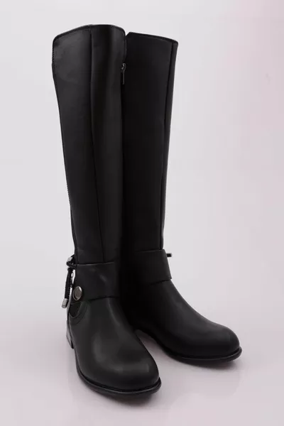 k Kadin Arkasi Strech Yani Fermuarli Knee High Flats Çizme