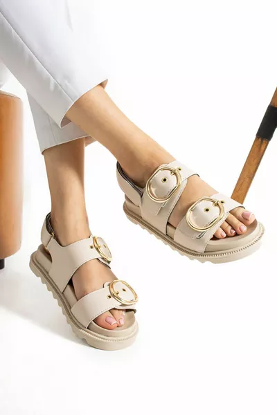 Mia Beige Matte Leather Women's Sandals with Gold Plated Buckle