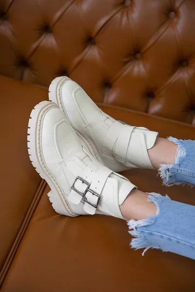 Soft Women's Buckle Detail Genuine Leather Postal Boots Beige