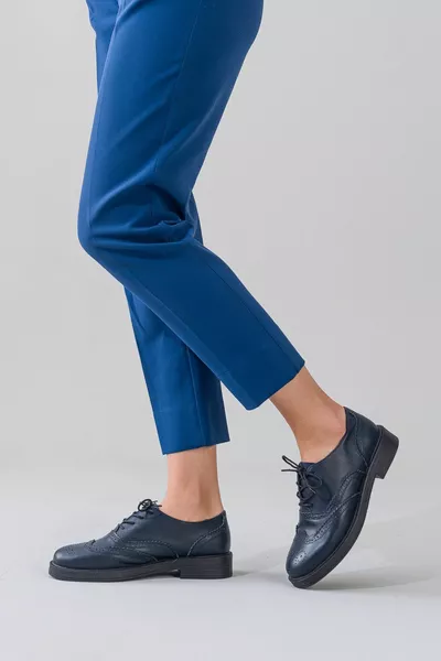 Chaussures Oxford à lacets bleu marine en cuir véritable pour femmes