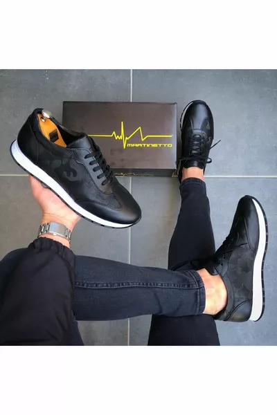 Echt Leer Zwart Camouflage Patroon Zwart Casual Herenschoenen