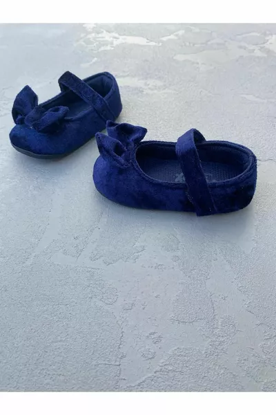 Navy Blue Bow Detailed Velluto Scarpe Da Bambina