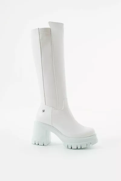 Olive White Side Stretch Detail Women's Heeled Boots