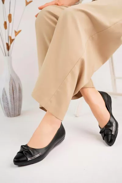  حجر نسائي مسطح باليه كاجوال كبير الحجم - جلد أسود - 