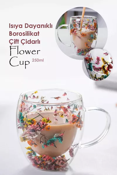 Isıya Dayanıklı Borosilikat Çift Çidarlı Flower Cup Çiçekli Bardak | Çiçekli Kahve Sunum Bardağı