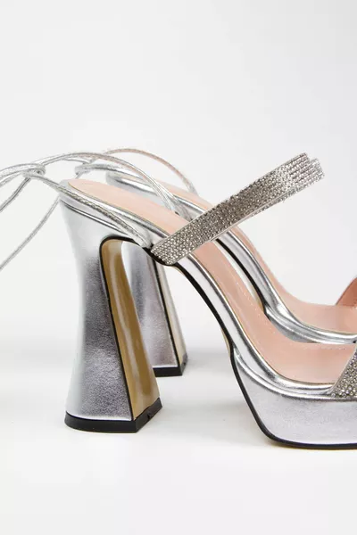 المرأة الفضة المعدنية مساء اللباس حزام مزدوج لامعة قطرة الحجر الكاحل التعادل منصة أحذية أنيقة