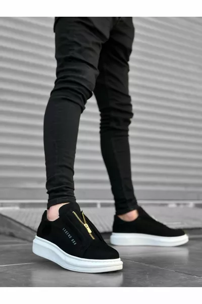  سميكة من جلد الغزال عالية وحيد سستة أسود أبيض أحذية رجالية