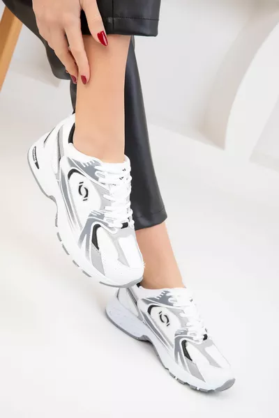 Baskets Femme Blanc-Gris-Noir 