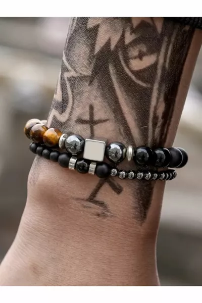 2 أساور حجر طبيعي أنيقة للغاية محضرة من الهيماتيت وعين النمر | باور ستون