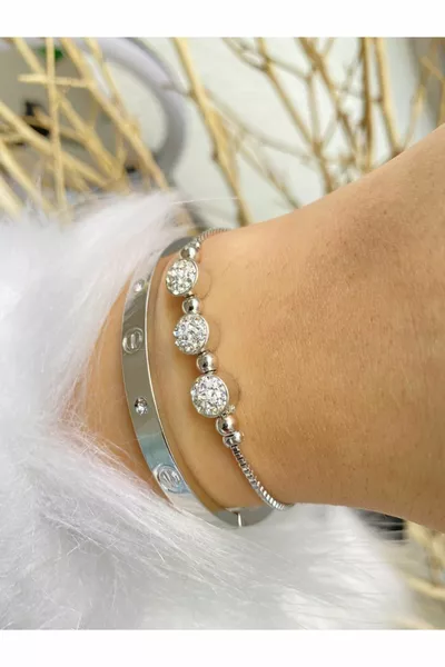 Menottes & Triple Pierre Ascenseur Couleur Argent 2 Pcs Combinaison Bracelet Set Non Décoloré