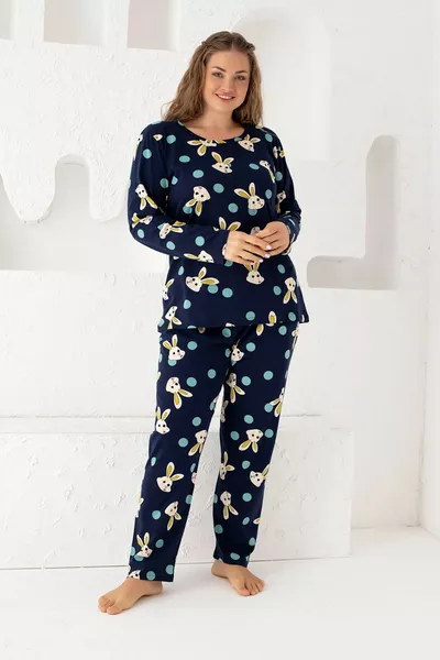 Navy Blue Cotton Plus Size Battal Pajamas Set
