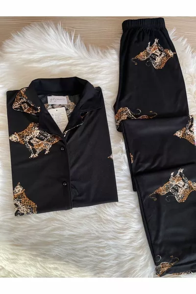 Leopard Print Suede Shirt Collar Long Sleeve Pajama Set