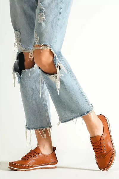 Echt leer Tan leren ballerina's voor dames 