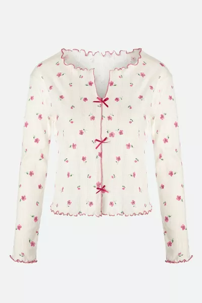 Women's Cotton Baby Overlock Ribbon Detailed Long Sleeve Pajama Set