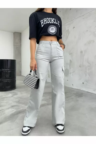 حجر رمادي جيب البضائع ليكرا عالية الخصر واسعة الساق السراويل